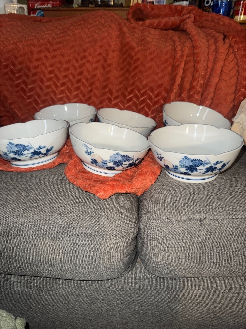 Vintage Japanese Sometsuke Blue White Scalloped Bowls Set of 6 Chrysanthemum Sig